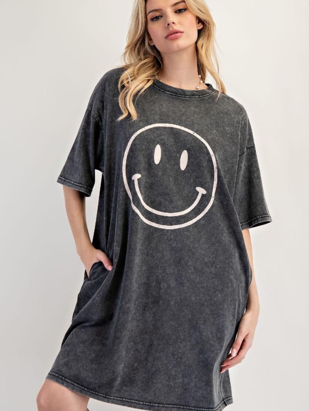 Oversized Washed Black Smiley Face T-Shirt Pocket Dress